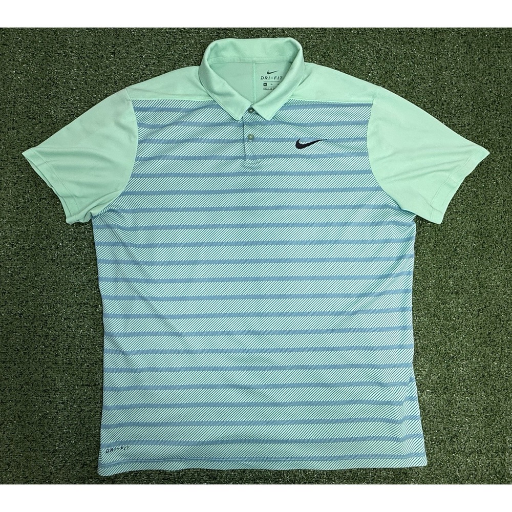 NIKE Men's XL DRI-FIT Golf Performance Polo Shirt Green Blue Stripped